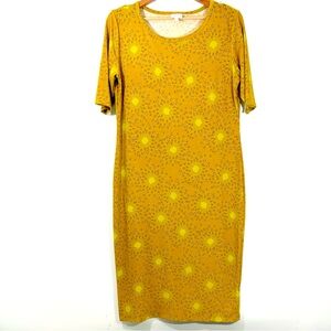 Lularoe Women’s Mustard Yellow Julia Midi Dress Sparkle Burst Pattern